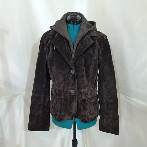 Cruze Brown Suede Leather Jacket with Removable Hoody - Size Large - Picture 2 of 13
